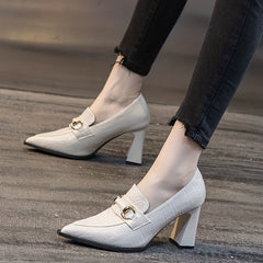 Women's Croc Print Court Pumps Buckle Decor Slip On Chunky Heels