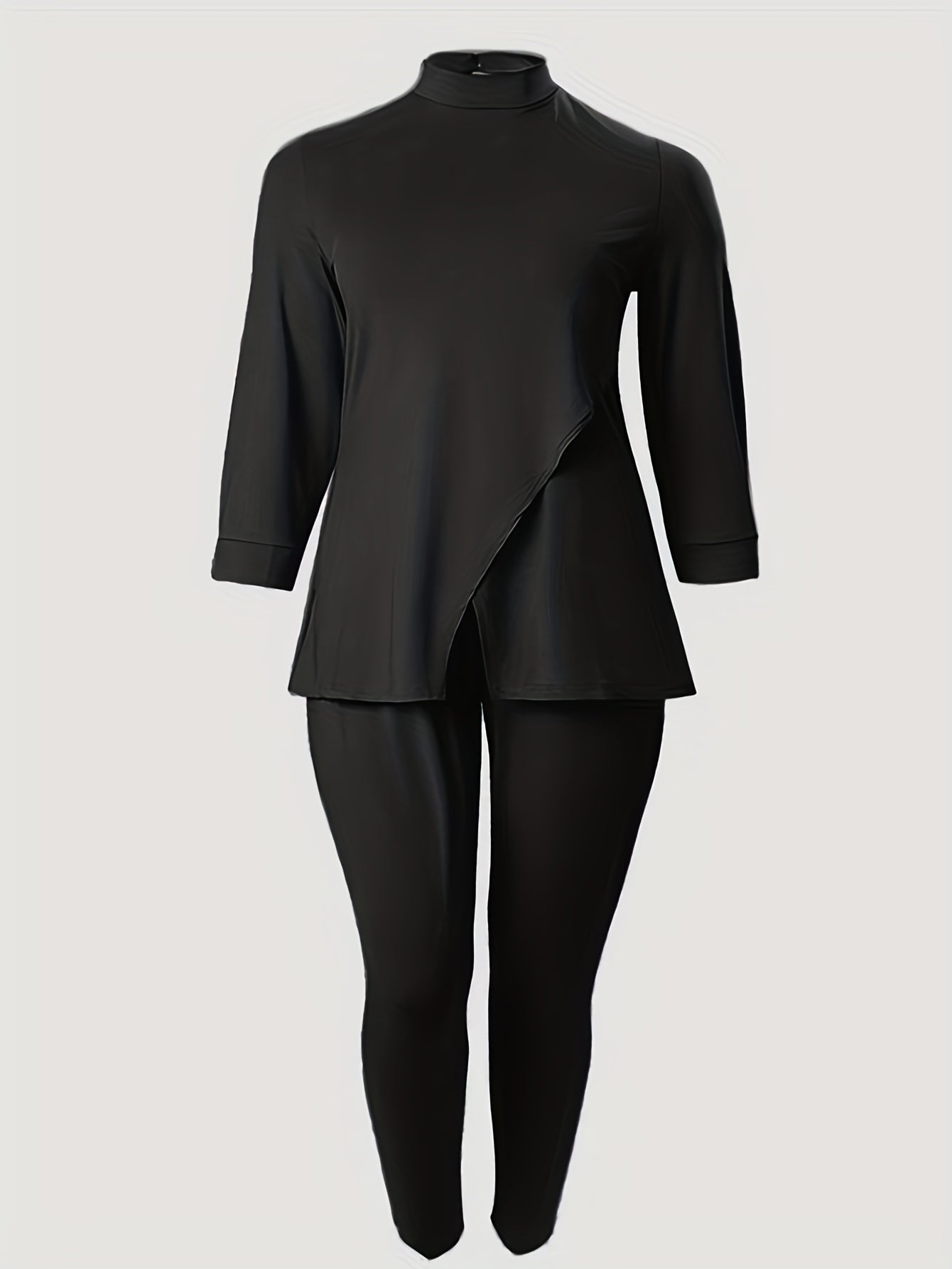  Solid High Neck Split Top & Skinny Pants 2pcs Set