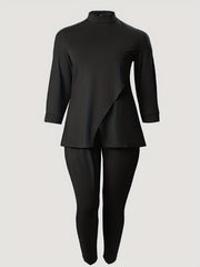  Solid High Neck Split Top & Skinny Pants 2pcs Set
