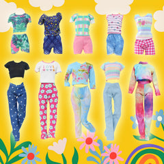 12-Piece Doll Clothes Set: Sequin Dresses, Floral Skirts, Tops, Pants, Bikini