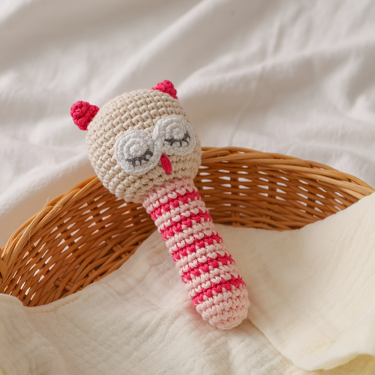 Crochet Owl Plush Toy w/ Red Accents Soft Knit Animal Keychain Nursery Decor