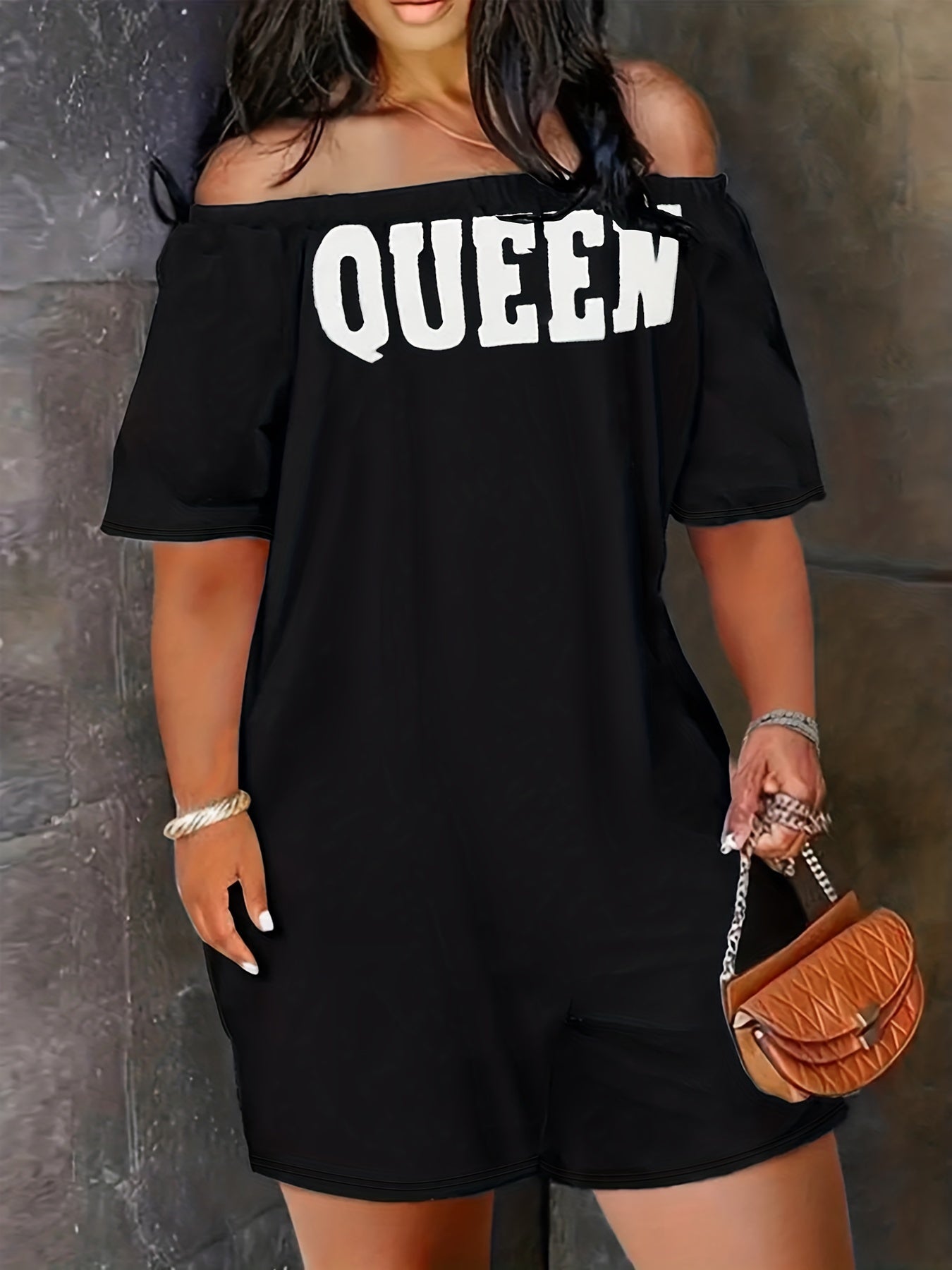  Casual Romper Women's Plus Letter Print Off Shoulder Romper