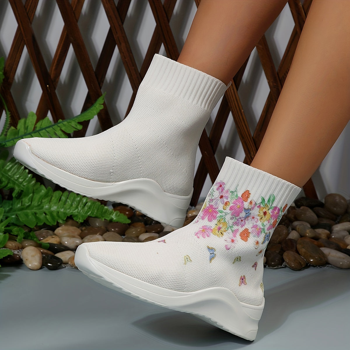 Floral Print Knitted Ankle Boots Slip On Comfortable Walking Shoes