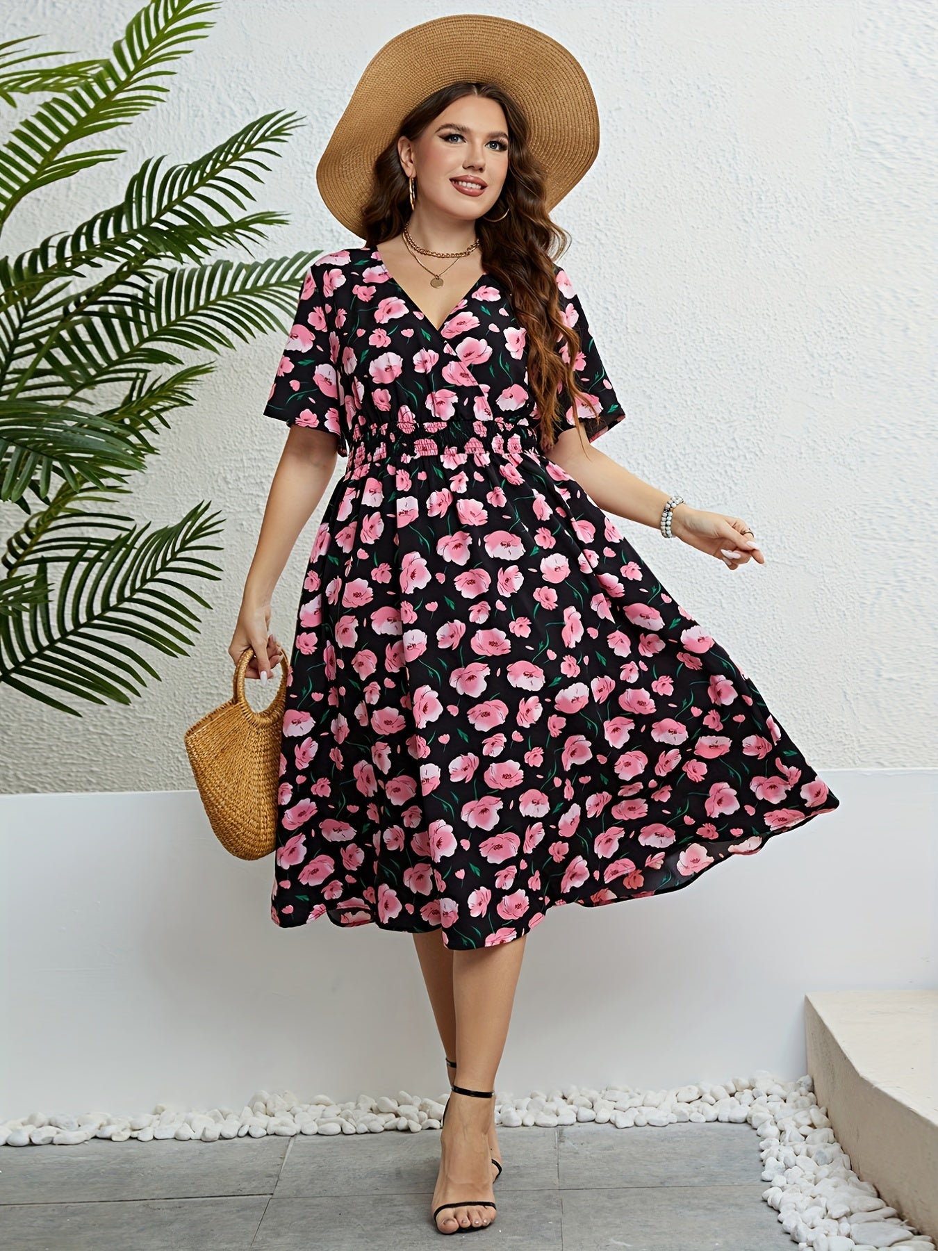  Floral Print Wrap V Neck Summer Dress