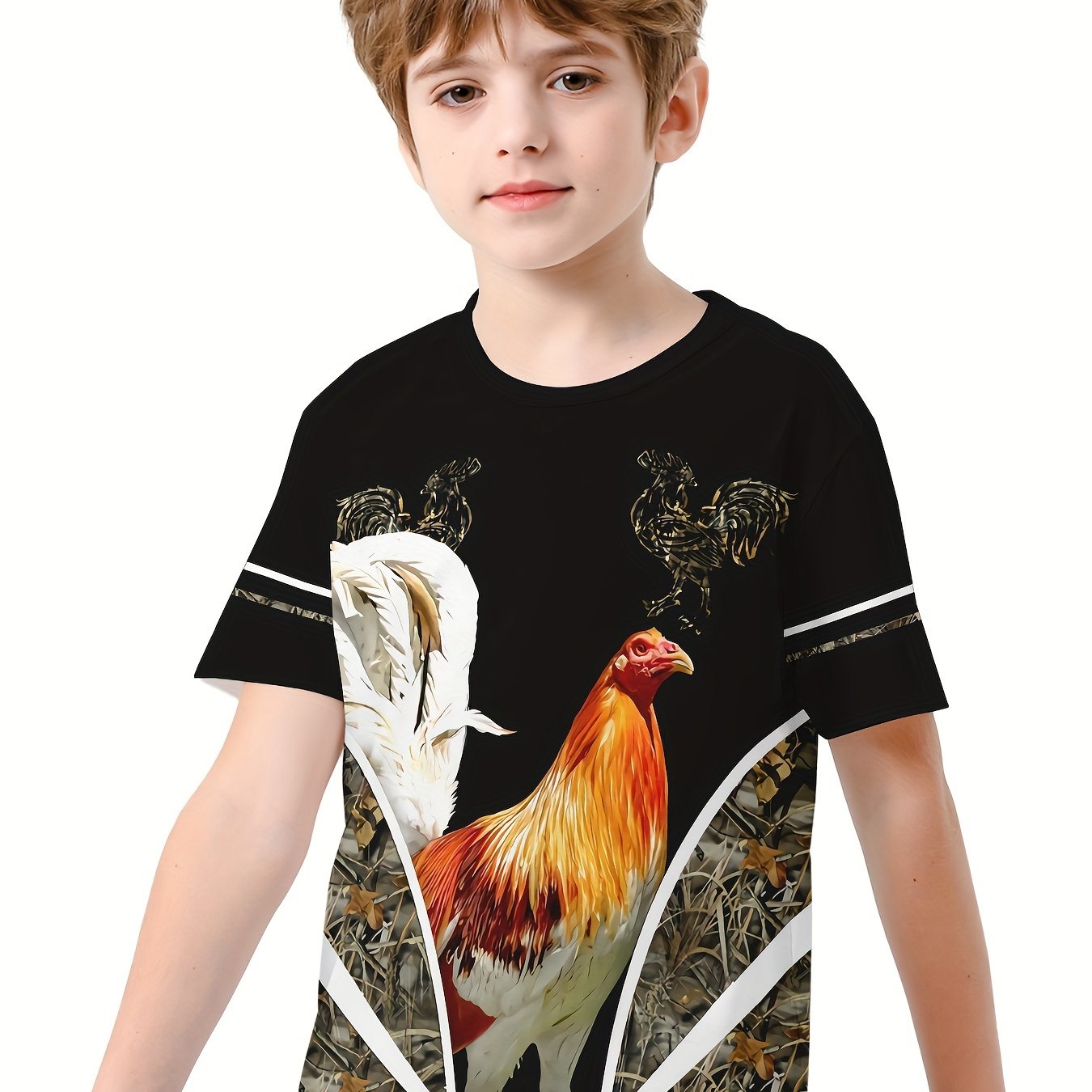 Chicken 3D Print Boys Summer T-shirt Lightweight Round Neck Short Sleeve