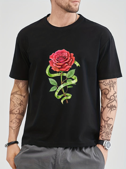 Cotton Rose Print Men's Graphic Crew Neck T shirt Casual Comfy Tees