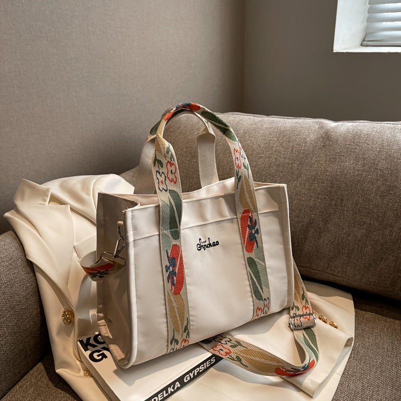 Canvas Tote Handbag with Flower Print Strap
