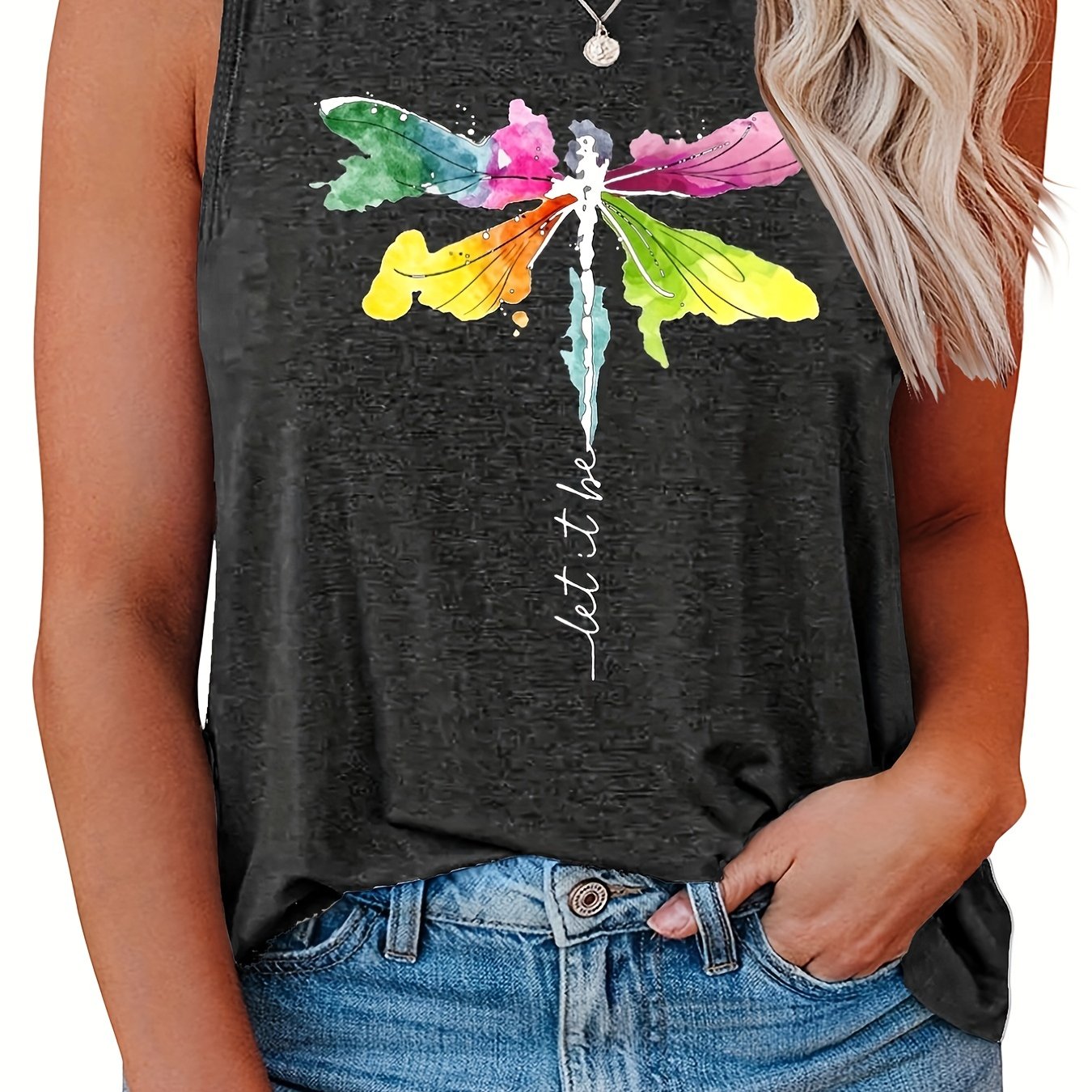  Dragonfly Print Tank Top Women's Slight Stretch Tank