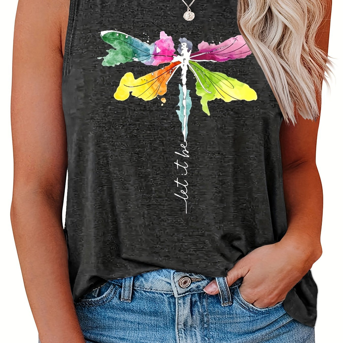  Dragonfly Print Tank Top Women's Slight Stretch Tank