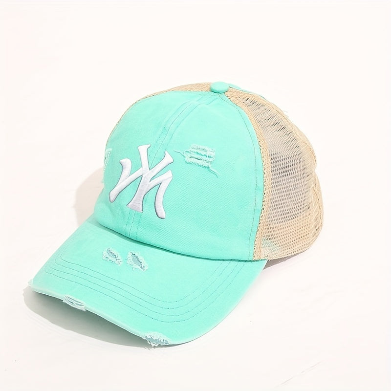 Embroidery Ponytail Trucker Hat Candy Ripped Washed Distressed Baseball Cap
