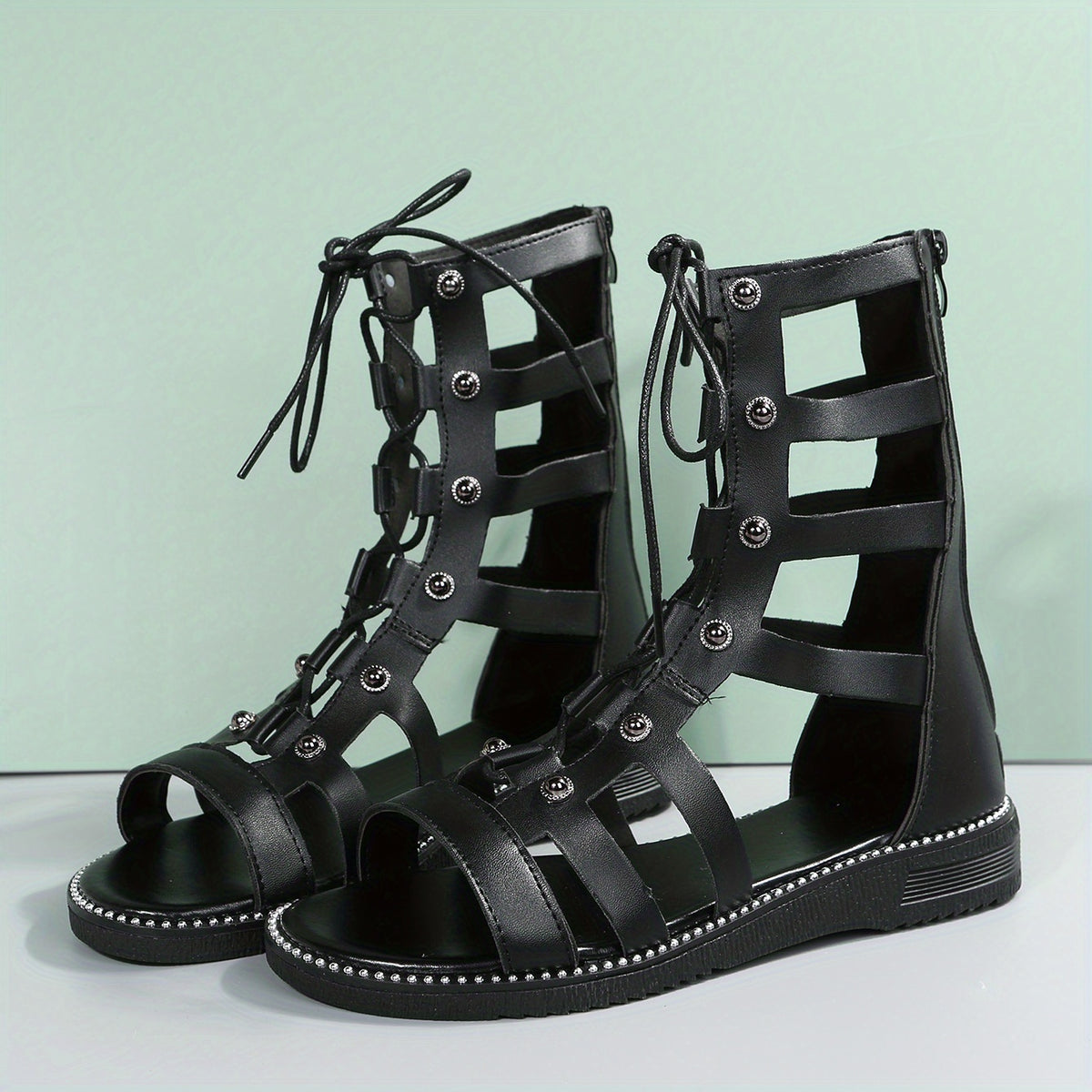 Women's Back Zipper Flat Sandals Comfortable Round Open Toe Lace Up Shoes
