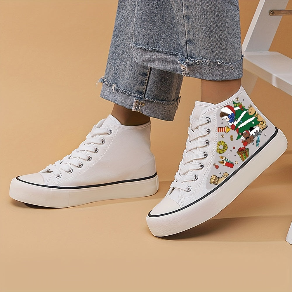 Christmas Print Flat Chunky Canvas Sneakers High Top Classic Skate Shoes