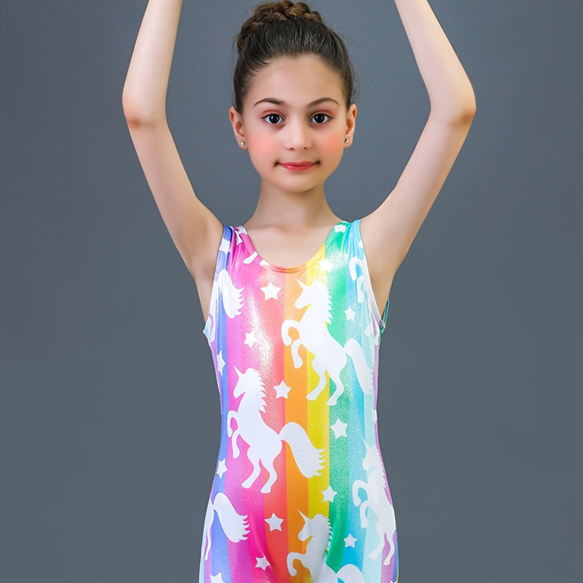 Girls Rainbow Unicorn Print Sleeveless Ballet Leotard Romper
