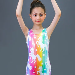Girls Rainbow Unicorn Print Sleeveless Ballet Leotard Romper