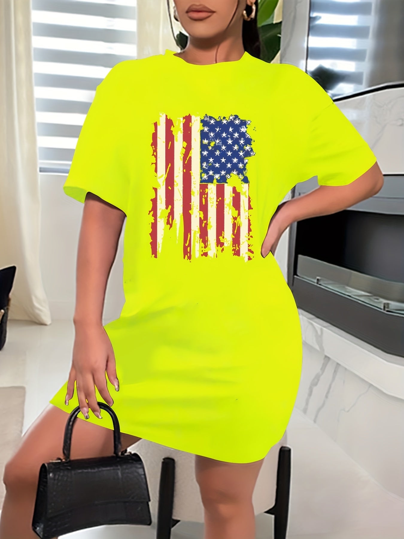  Flag Print Short Sleeve Casual Dress