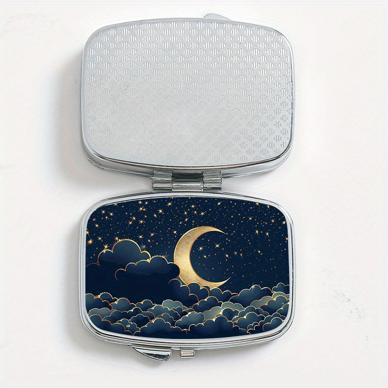 Celestial Night Sky Pill Box with Dual Compartments Metal Case for Travel