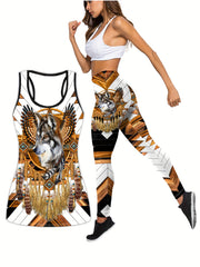  Wolf Print Tank Top & Leggings Yoga Outfits Set