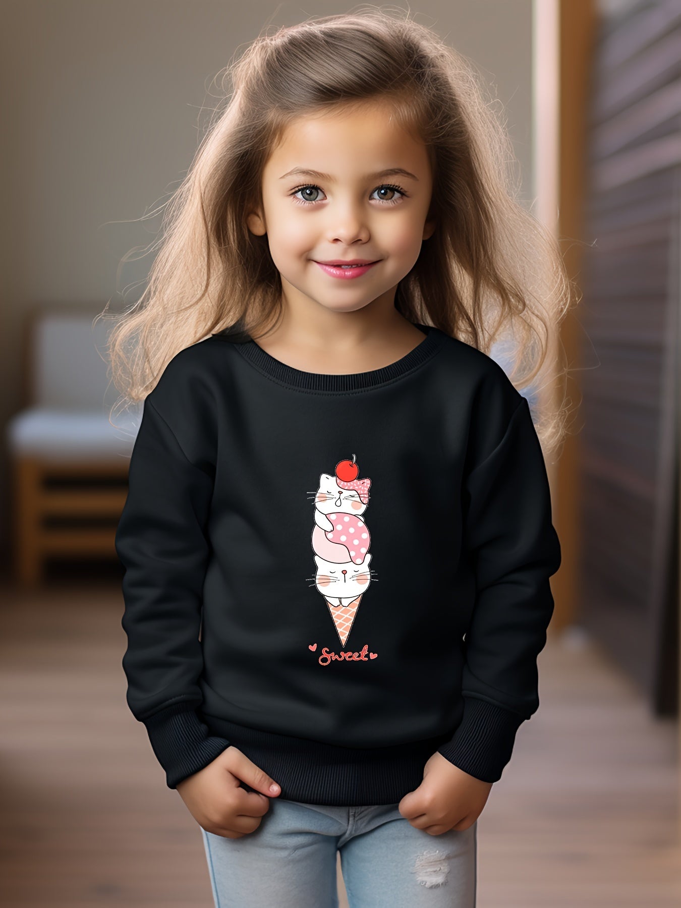 Cat Ice Cream Print Girls Casual Sweatshirt Crew Neck Tops Kids Fall Winter