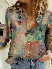  Floral Tie Dye Button Up Collar Shirt Top
