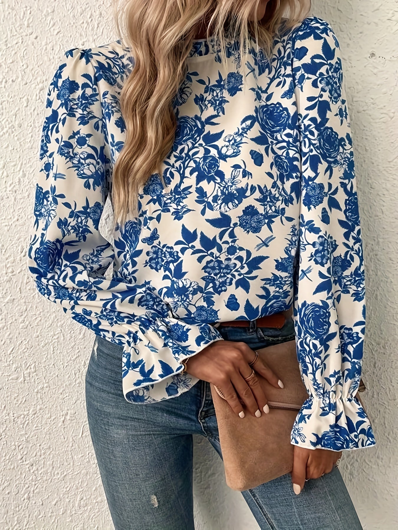  Floral Print Ruffle Sleeve Mock Neck Blouse