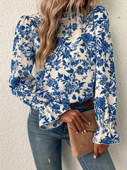  Floral Print Ruffle Sleeve Mock Neck Blouse