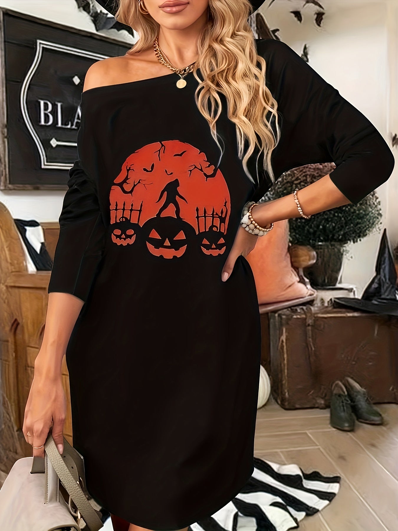  Pumpkin Print Long Sleeve Casual Dress