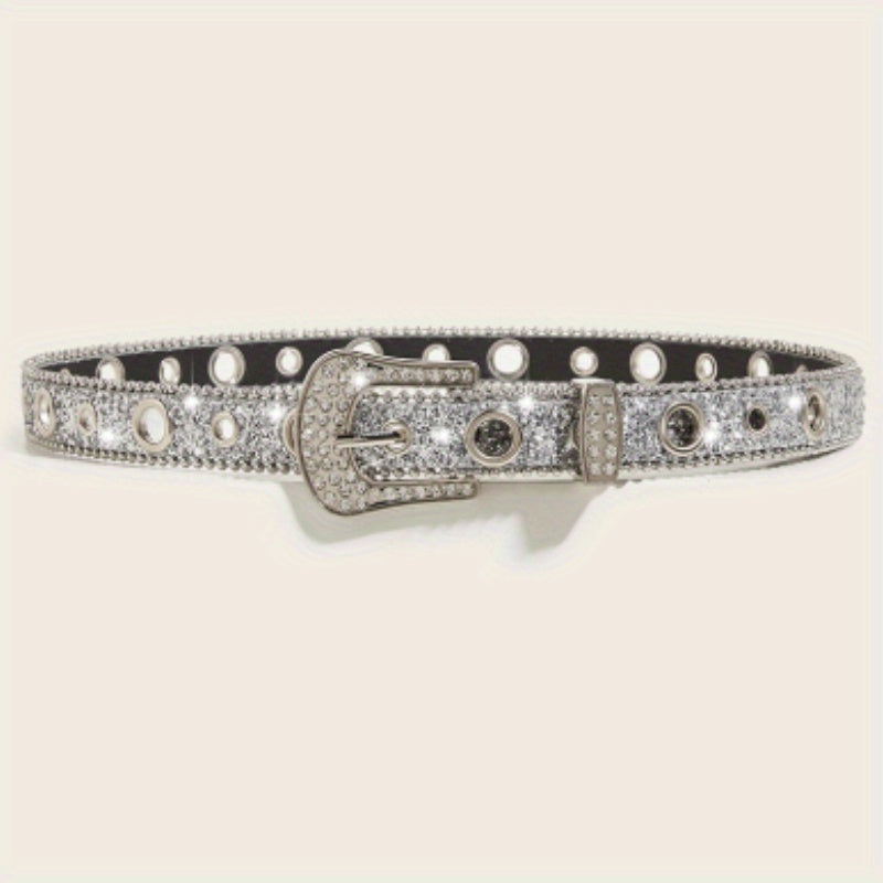 Glitter Rhinestone Belt Eyelet Pin Buckle PU Leather Belt