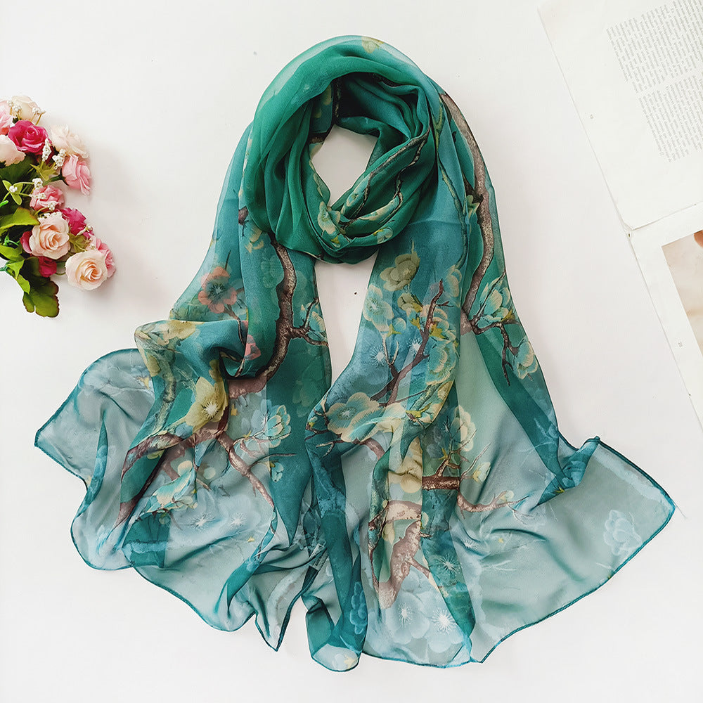 Thin Print Silk Scarf Lightweight Floral Pattern Scarf