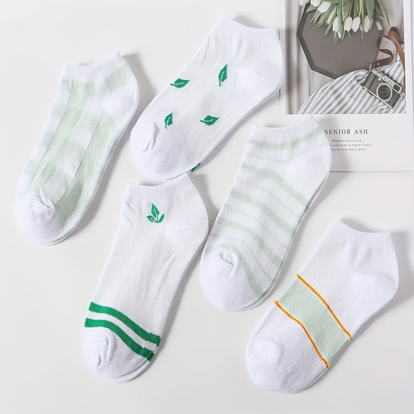 5 Pairs Striped & Leaf Print Low Cut Ankle Socks Women's Stockings