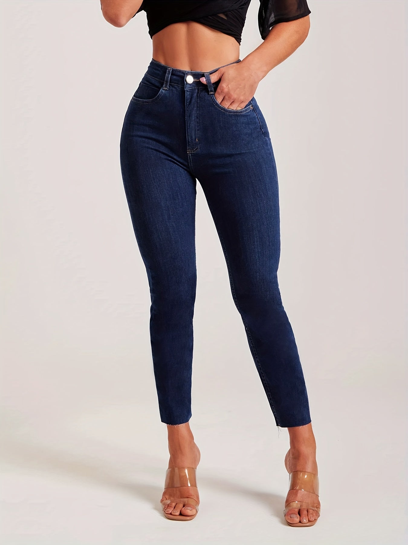 Medium Stretch Slim Fit Cropped Jeans Solid Washed Denim Pants