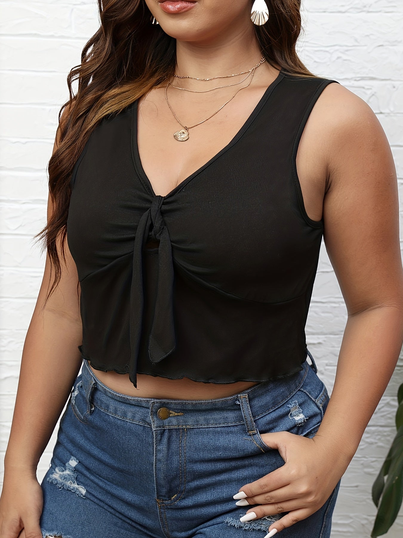  Sexy Tank Top Women's Plus Plain Knot Front V Neck