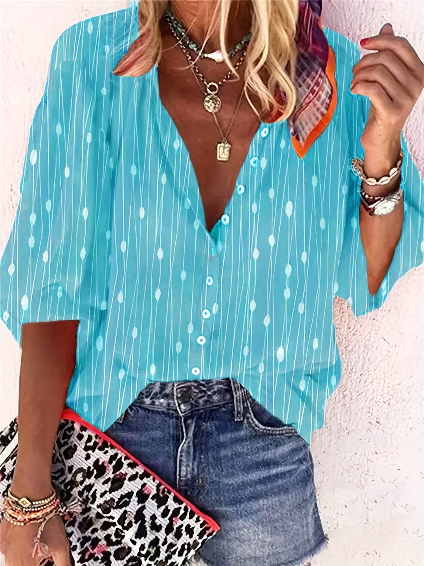  Boho Blouse Women's Plus Dot & Stripe Print Half Sleeve Button Up