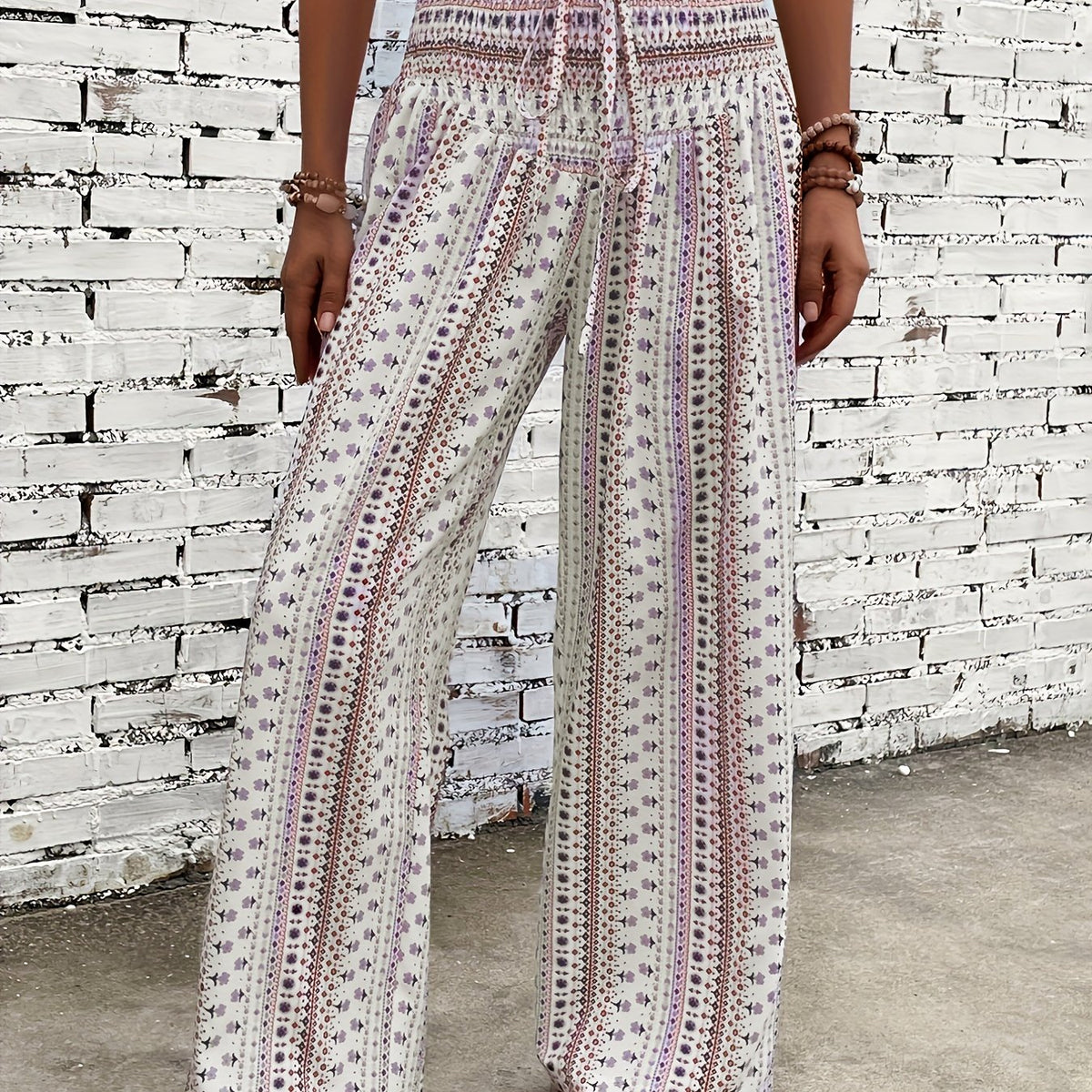 Boho Patchwork Print Shirred Waist Wide Leg Pants