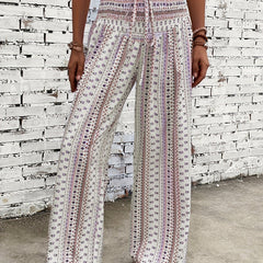 Boho Patchwork Print Shirred Waist Wide Leg Pants