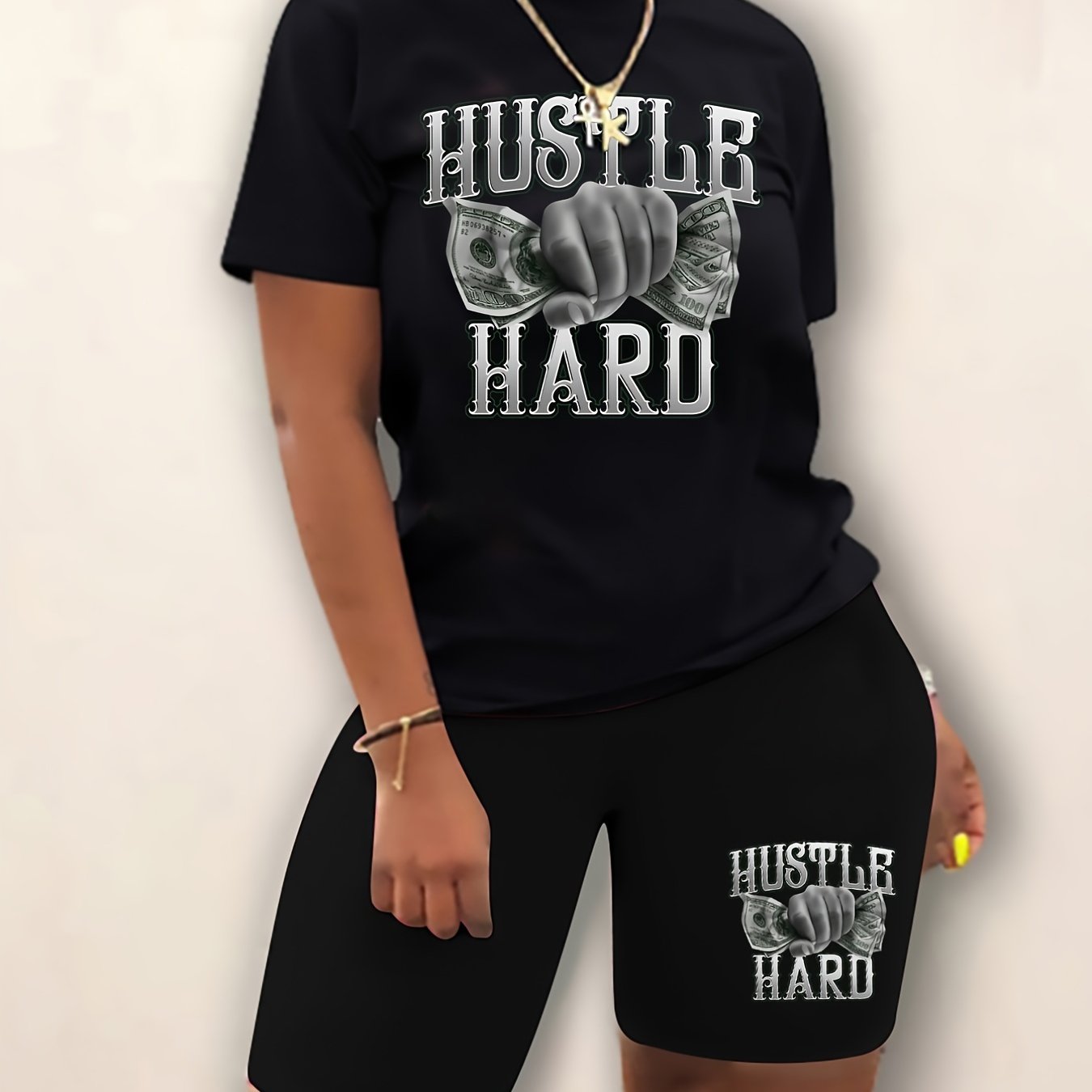 Money Print Short Sleeve Tee & Biker Shorts Set Women's Plus Size