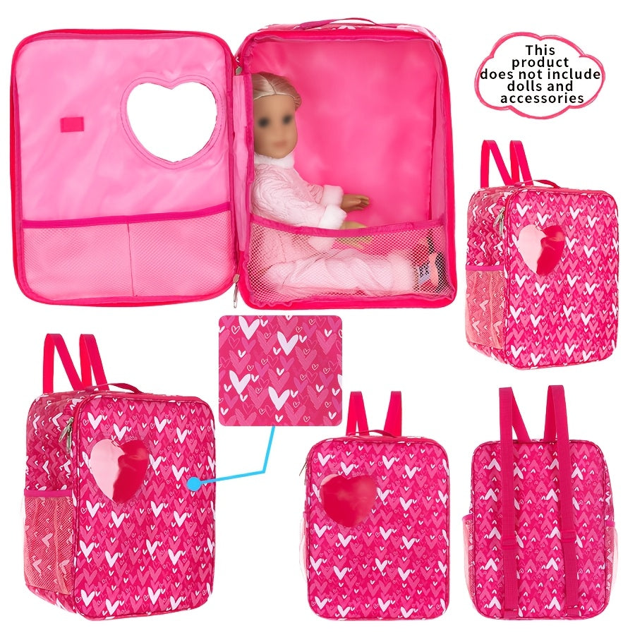 Pink Doll Carrier Backpack with Heart Window & Adjustable Straps for Toy Dolls