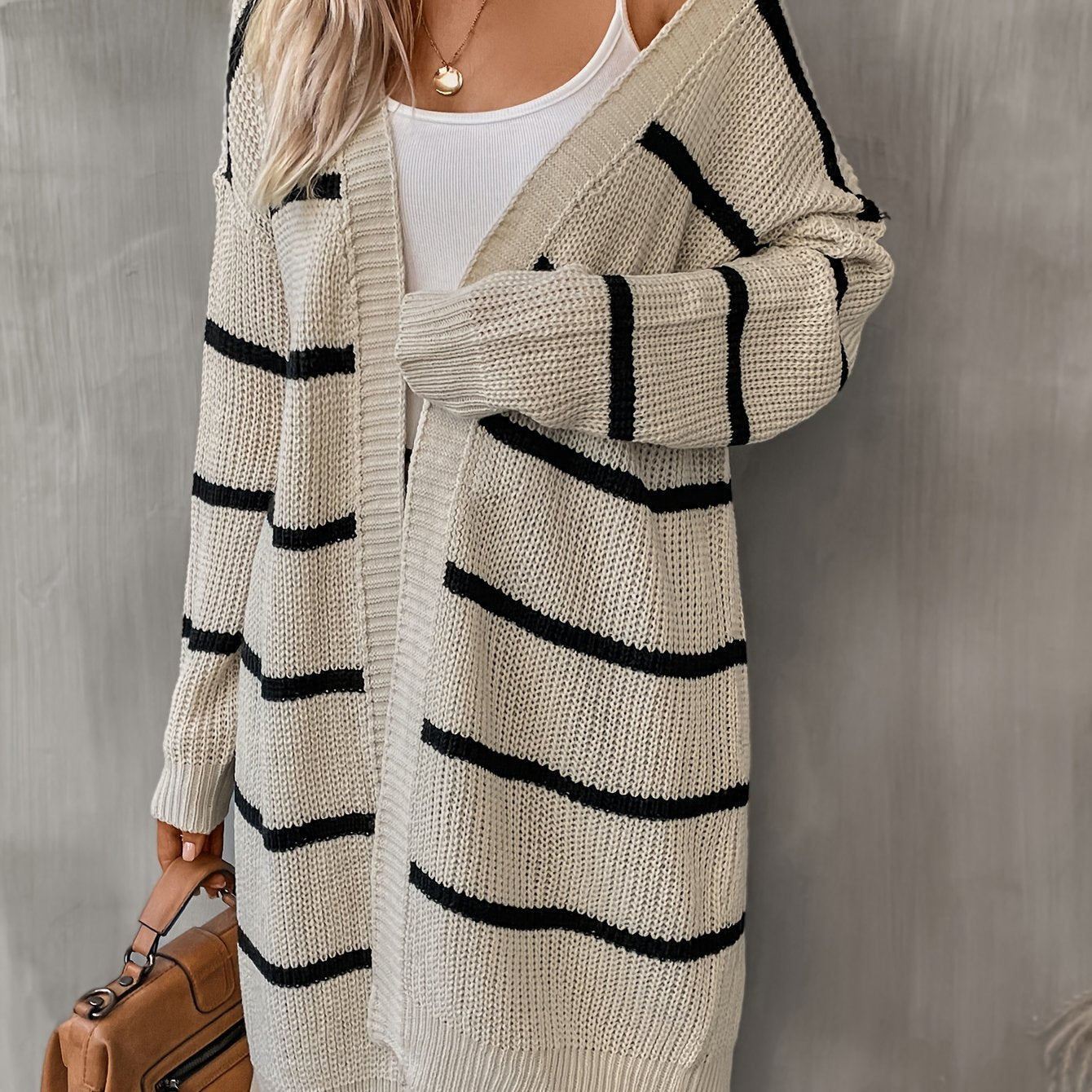 Striped Open Front Drop Shoulder Cardigan Casual Long Sleeve Cardigan