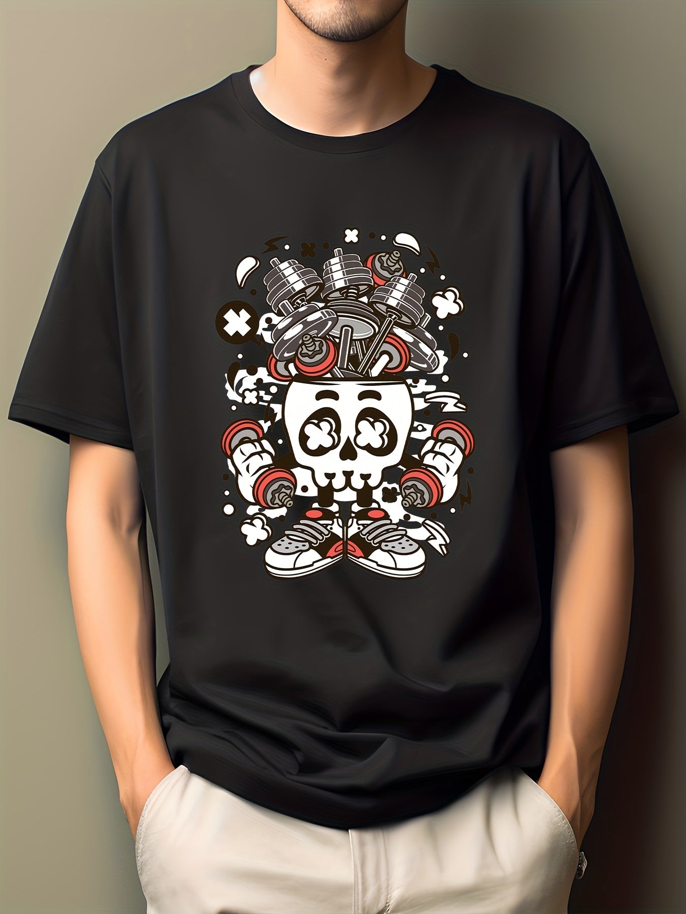 Men's Skull Dumbbell Print Fitness T-shirt