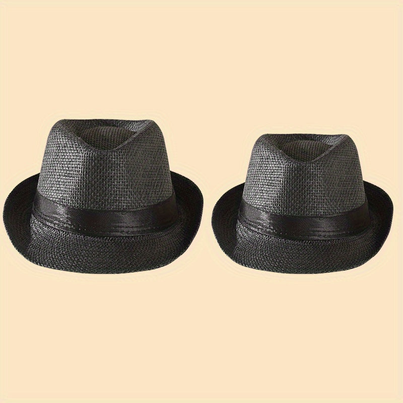 2pcs Straw Woven Belt Top Hat Sunshade Jazz Hat