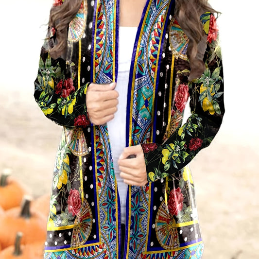  Boho Cardigan Women's Plus Tribal Print Open Front Long Sleeve