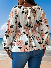  Floral Print Lantern Sleeve Knot Back Peplum Top