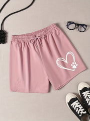  Heart & Puppy Paw Print Elastic Waist Shorts