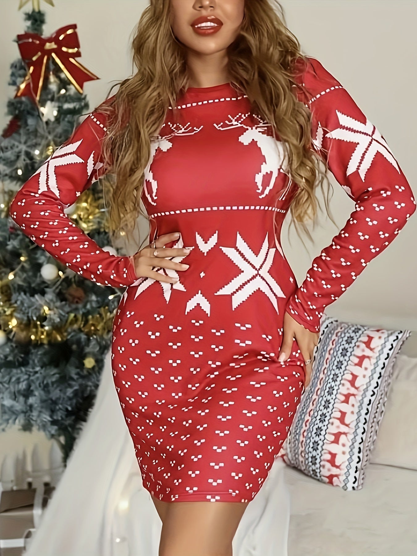 Women's Plus Christmas Tree Print Bodycon Midi Dress