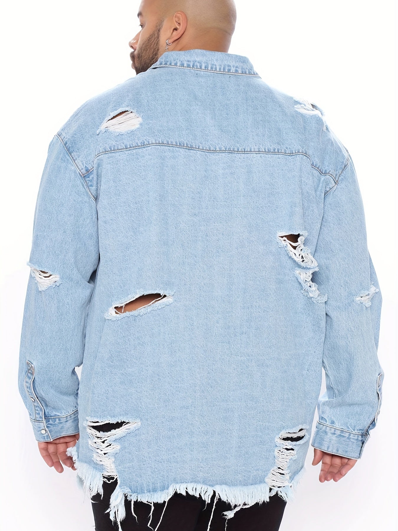 Men's Ripped Denim Jacket Street Style Button Up Collar