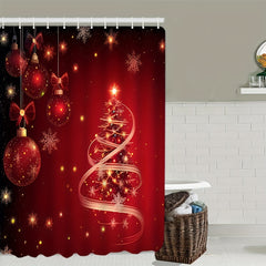 4pcs Red Christmas Tree Bathroom Set with Decorative Curtain & Non-Slip Carpet