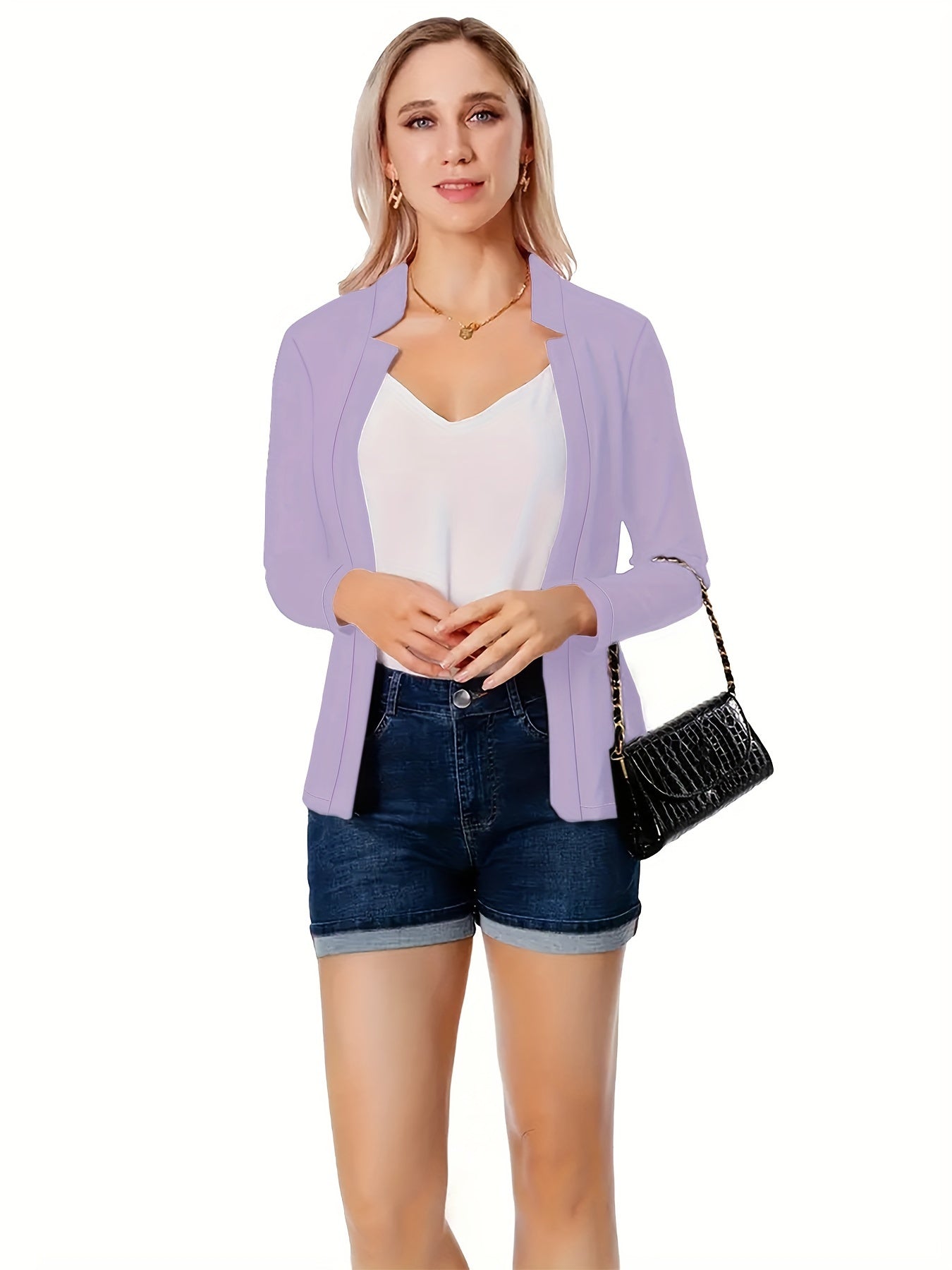  Solid Long Sleeve Open Front Blazer