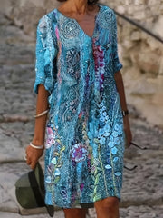  Casual Dress Women's Plus Painting Print Roll Up Sleeve Dress