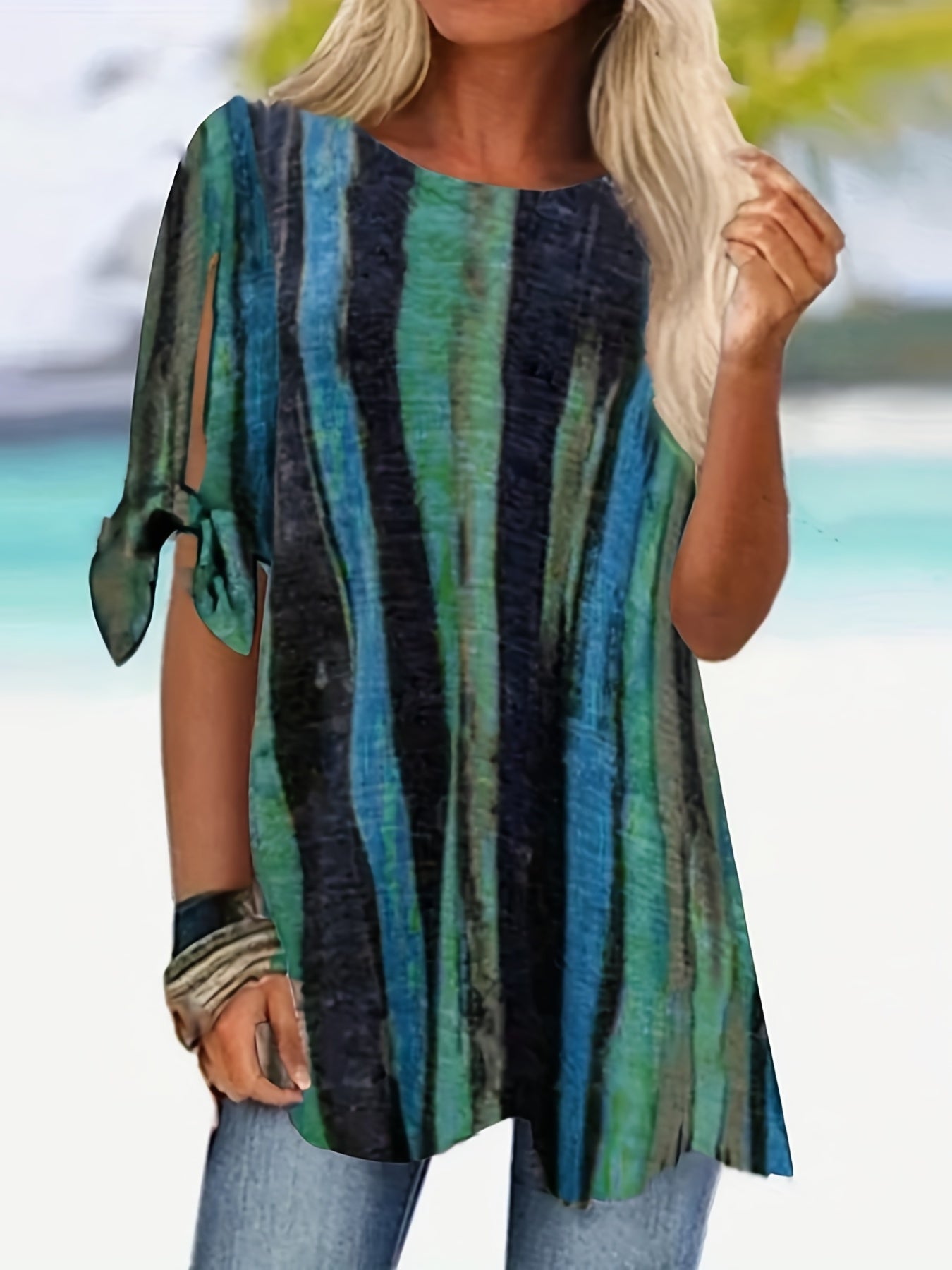  Knot Cut Out Sleeve Stripe Print Blouse