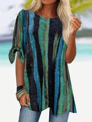  Knot Cut Out Sleeve Stripe Print Blouse