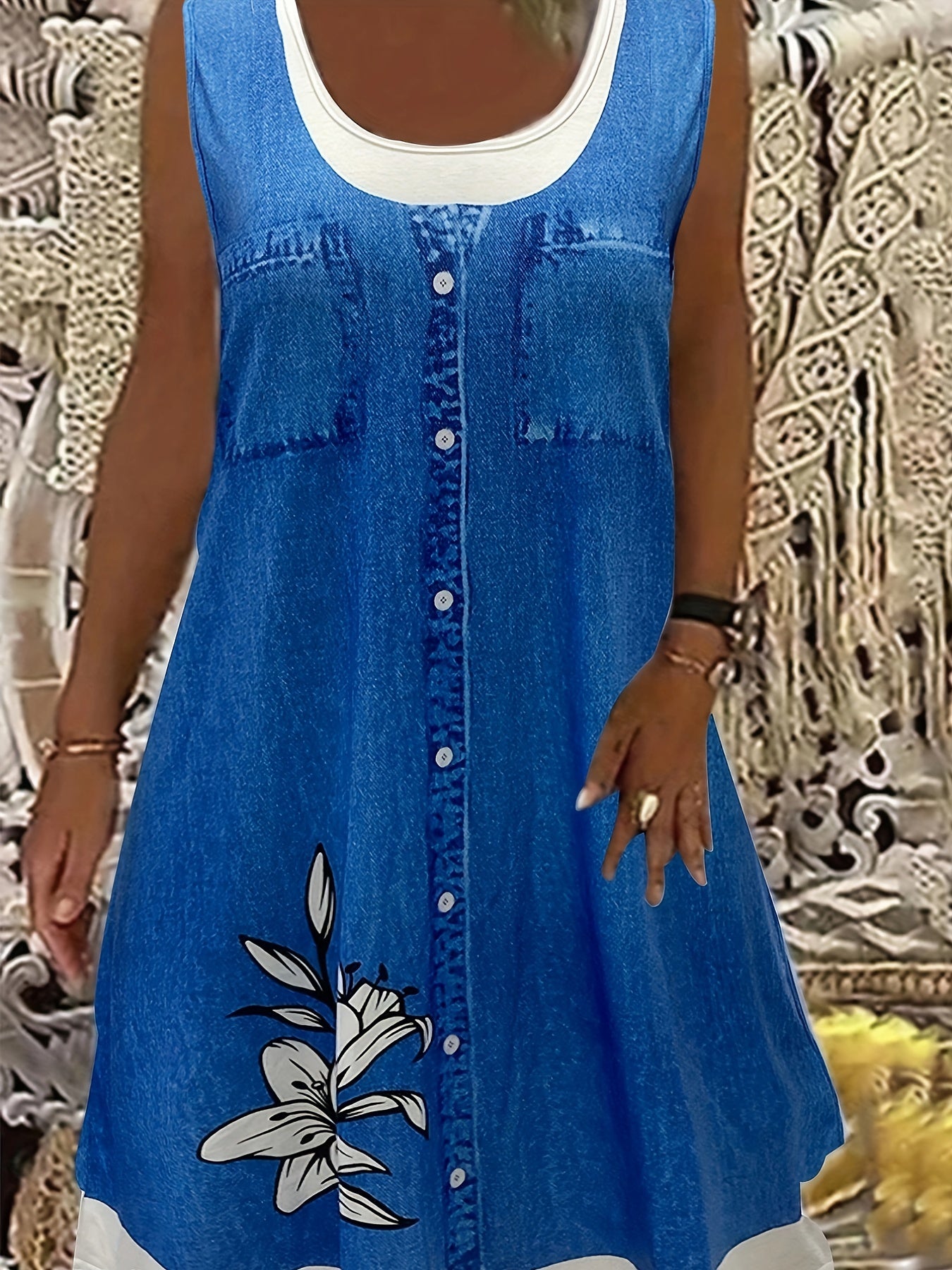  Denim & Floral Print Round Neck Tank Dress